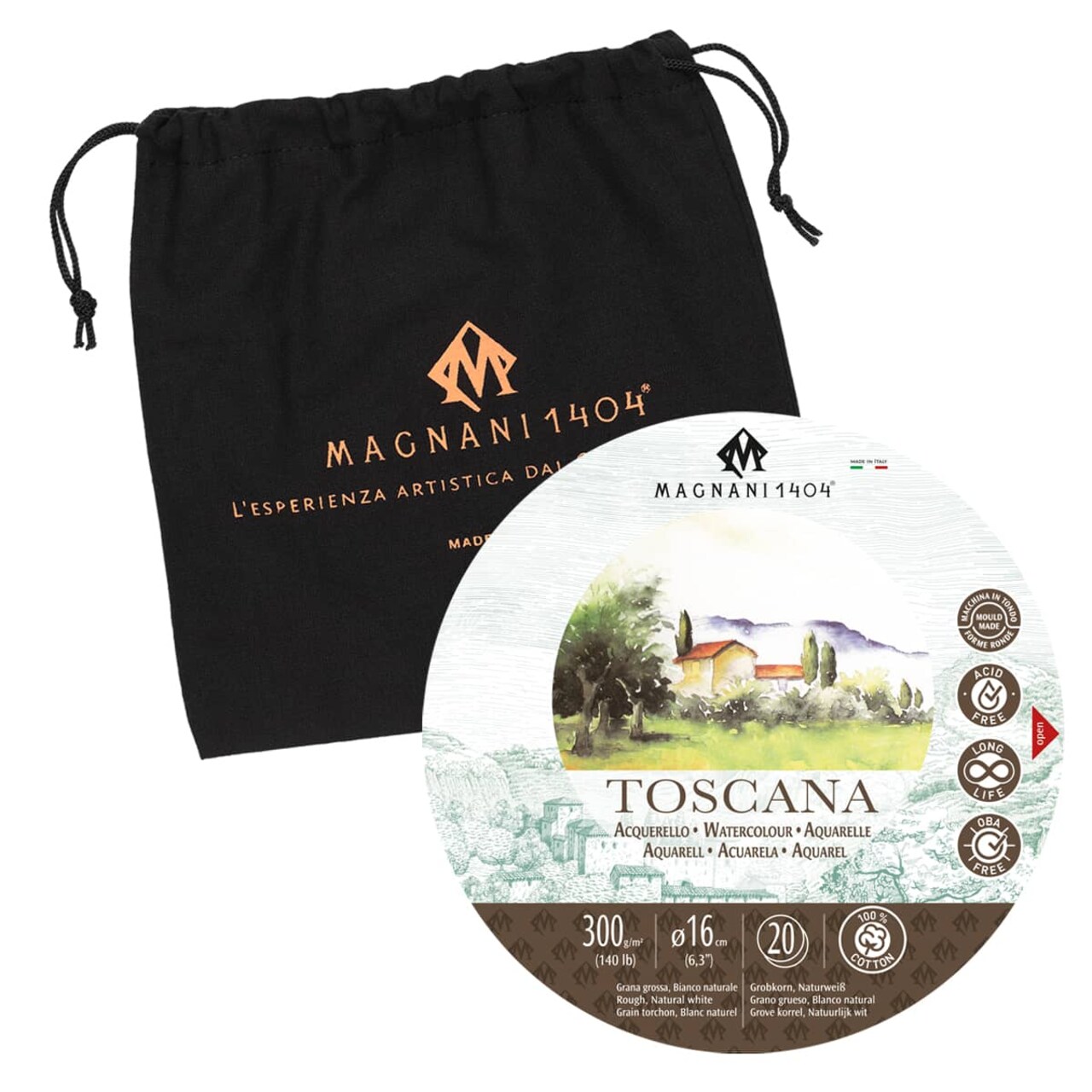 Magnani 1404 Toscana Rough 100% Cotton Watercolor Paper Block, 20 Sheets, 140 lb, Acid-Free, UV Resistant, Vegan Sized Water Color Paper for Artists, Made in Italy